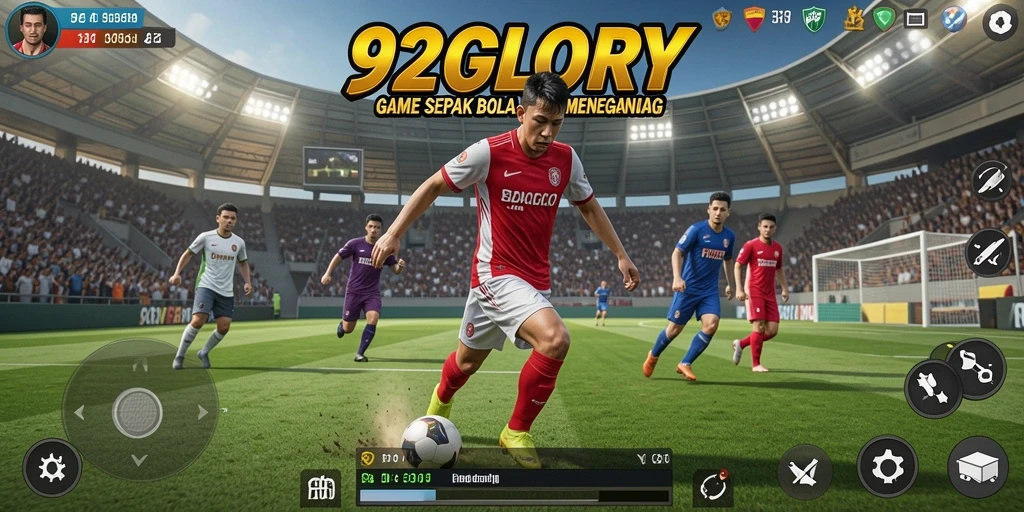 Tangkapan layar gameplay seru 92GLORY dengan aksi sepak bola nyata.