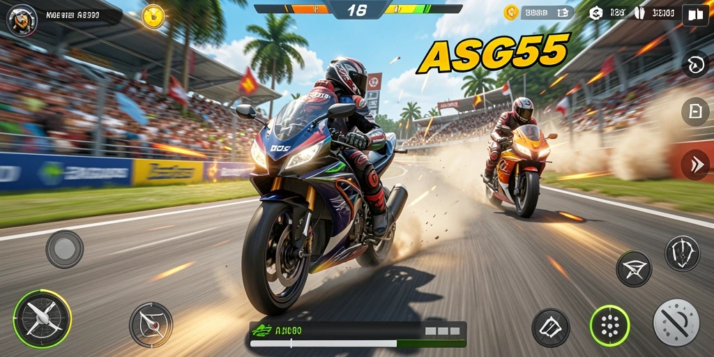 Tampilan gameplay seru ASG55 dalam balapan motor yang intens.