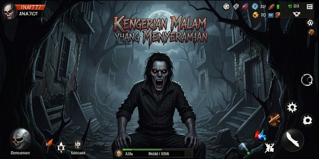 Tampilan gameplay <strong>INA777</strong> yang mencekam dengan suasana menakutkan.