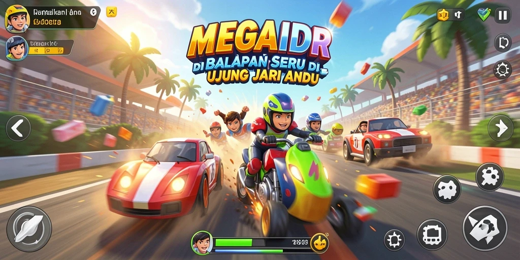 Screenshot gameplay MEGAIDR menunjukkan aksi balapan yang intens.