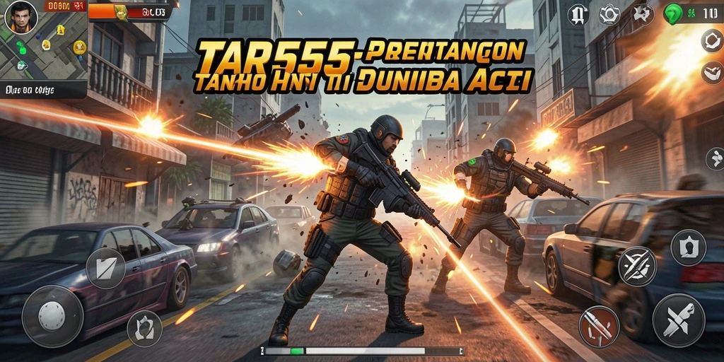Tampilan epic dari gameplay aksi TAR555 yang mendebarkan.