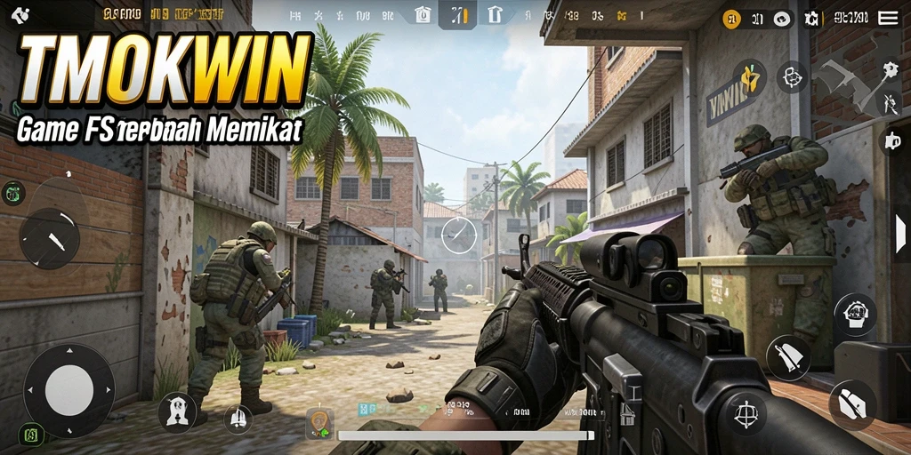 Screenshot TMOKWIN menampilkan aksi tembak-menembak intens di medan perang.
